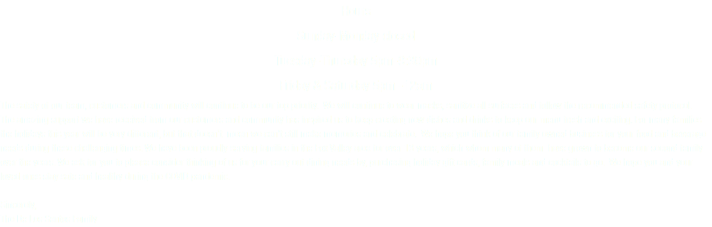 Hours Sunday-Monday closed Tuesday-Thursday 5pm-9:30pm Friday & Saturday 5pm -12am The safety of our team, customers and community will continue to be our top priority. We will continue to wear masks, sanitize all surfaces and follow the recommended safety protocol. The amazing support we have received from our customers and community has inspired us to keep creating new dishes and drinks to keep our menu fresh and exciting. For many families the holidays this year will be very different, but that doesn’t mean we can’t still make memories and celebrate. We hope you think of our family owned business for your food and beverage needs during these challenging times. We have been proudly serving families in the Fox Valley area for over 13 years, which whom many of them have grown to become our second family over the years. We ask for you to please consider thinking of us for your carry out dining needs by, purchasing holiday gift cards, family meals and cocktails to go. We hope you and your loved ones stay safe and healthy during the COVID pandemic. Sincerely, The De Los Santos Family